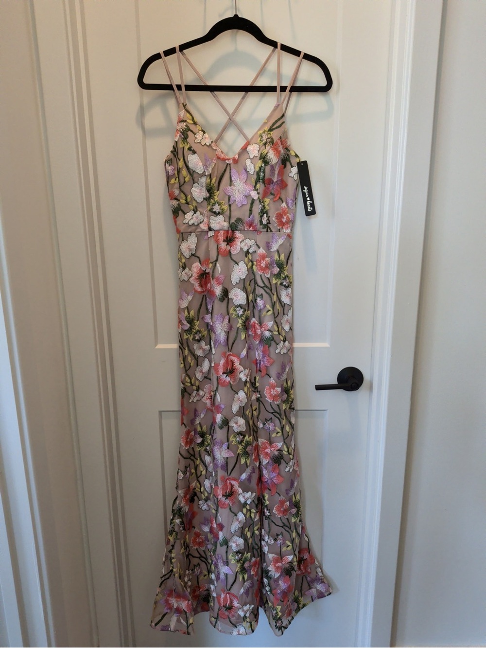 Sequin Hearts Floral Embroidered Pink and Green Maxi Dress